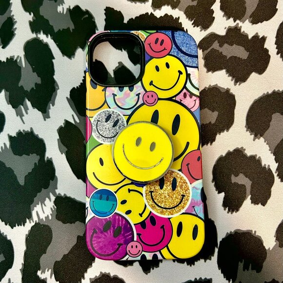 iPhone 14 Casely Smiley Stickers Case and Enamel Popsocket Yellow Smiley Face - Picture 5 of 13